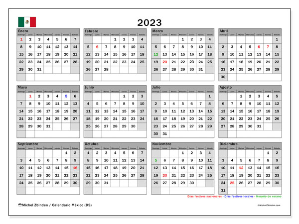 Calendario anual 2023 “México”. Diario para imprimir gratis.. De domingo a sábado
