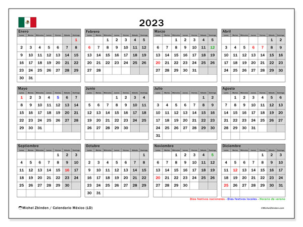 Kalendarz 2023, Meksyk (ES). Darmowy plan do druku.