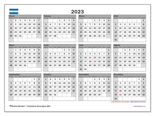 Calendario “Nicaragua (DS)” para imprimir, con festivos. Calendario anual 2023 y almanaque gratuito para imprimir