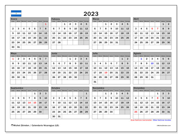 Calendario “Nicaragua (LD)” para imprimir, con festivos. Calendario anual 2023 y agenda imprimibile