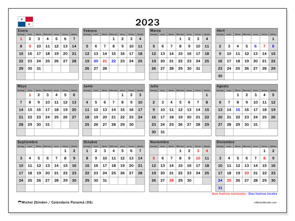 Calendario “Panamá (DS)” para imprimir, con festivos. Calendario anual 2023 y cronograma para imprimer gratis