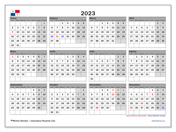 Calendario “Panamá (LD)” para imprimir, con festivos. Calendario anual 2023 y agenda imprimibile
