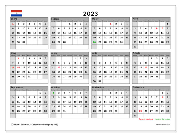 Calendario “Paraguay (DS)” para imprimir, con festivos. Calendario anual 2023 y cronograma para imprimer gratis