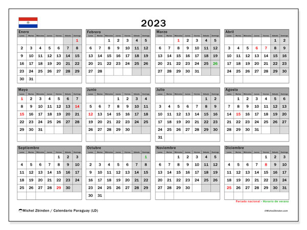 Calendario “Paraguay (LD)” para imprimir, con festivos. Calendario anual 2023 y almanaque imprimibile