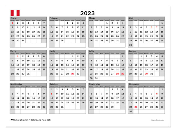 Kalender 2023, Peru (ES). Gratis kalender som kan skrivas ut.