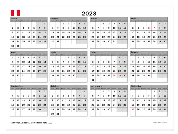 Calendario “Perú (LD)” para imprimir, con festivos. Calendario anual 2023 y cronograma imprimibile