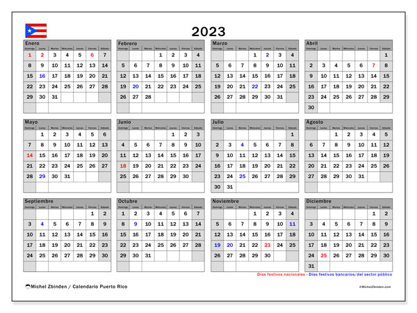 Calendario “Puerto Rico” para imprimir, con festivos. Calendario anual 2023 y almanaque imprimibile