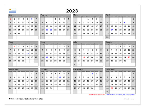 Calendario “Uruguay (DS)” para imprimir, con festivos. Calendario anual 2023 y agenda gratuito para imprimir