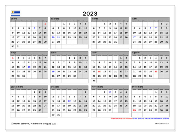 Calendario “Uruguay (LD)” para imprimir, con festivos. Calendario anual 2023 y agenda imprimibile