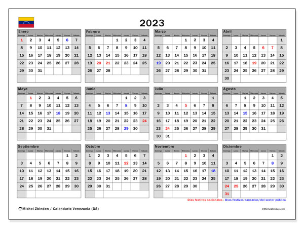 Calendario anual 2023 “Venezuela”. Calendario para imprimir gratis.. De domingo a sábado