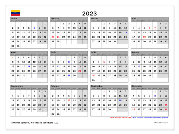 Calendario anual 2023 “Venezuela”. Calendario para imprimir gratis.. De lunes a domingo
