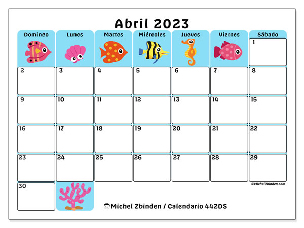 Calendario 442DS, abril de 2023, para imprimir gratuitamente. Planificación imprimible gratuita