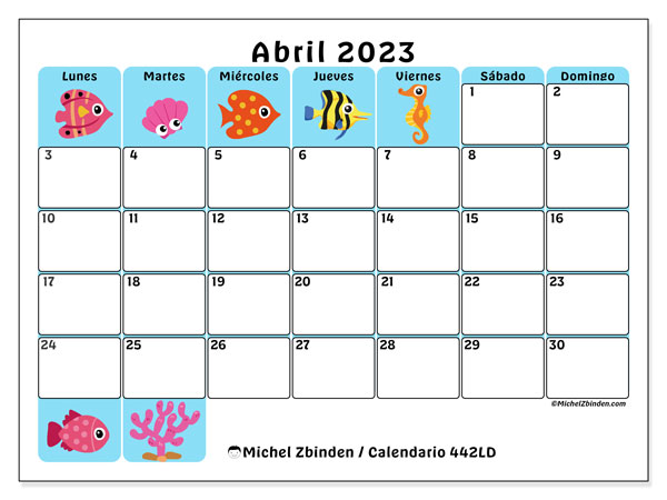 Calendario 442LD, abril de 2023, para imprimir gratuitamente. Programación imprimible gratuita