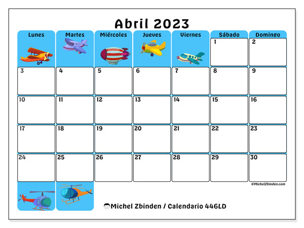Calendario 446LD, abril de 2023, para imprimir gratuitamente. Agenda imprimible gratuita