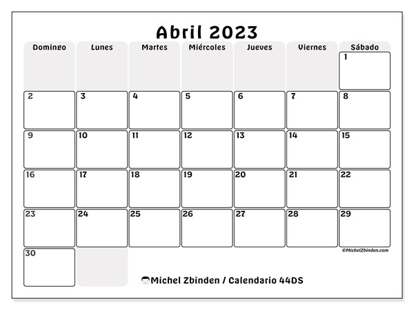 Calendario 44DS, abril de 2023, para imprimir gratuitamente. Horario imprimible gratis