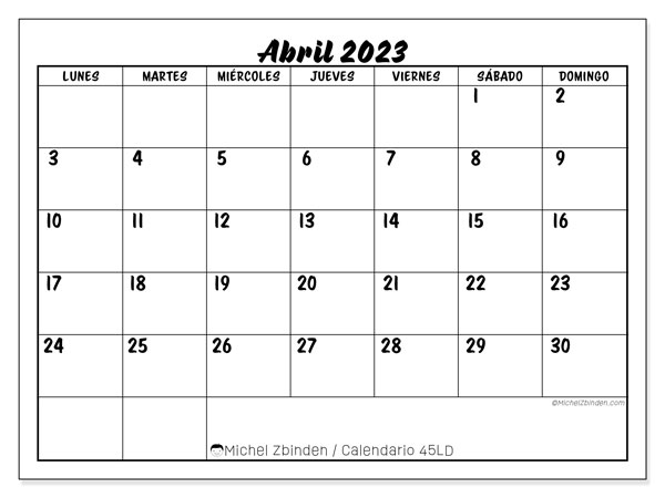Calendario 45LD, abril de 2023, para imprimir gratuitamente. Plan imprimible gratuito