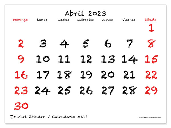 46DS, calendario de abril de 2023, para su impresión, de forma gratuita.