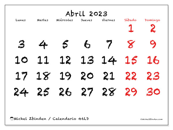 Calendario 46LD, abril de 2023, para imprimir gratuitamente. Agenda imprimible gratuita