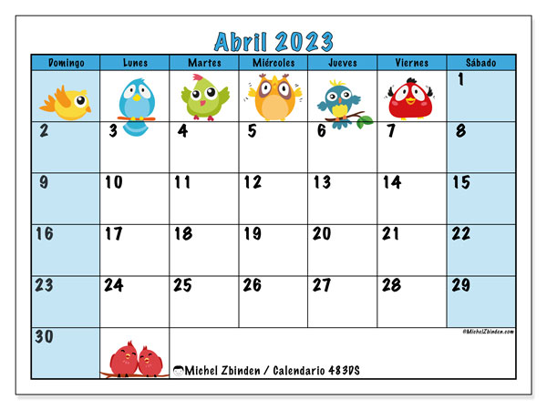 Calendario para imprimir, abril 2023, 483DS