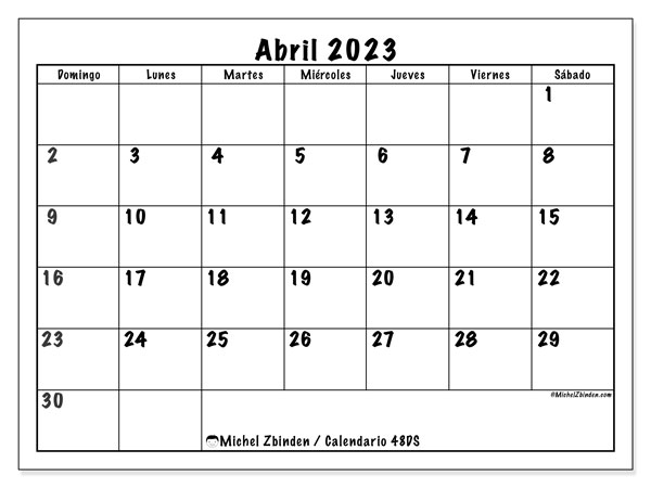 Calendario para imprimir, abril 2023, 48DS
