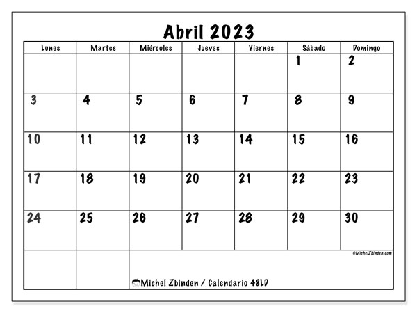 Calendario abril de 2023 para imprimir. Calendario mensual “48LD” y agenda para imprimer gratis