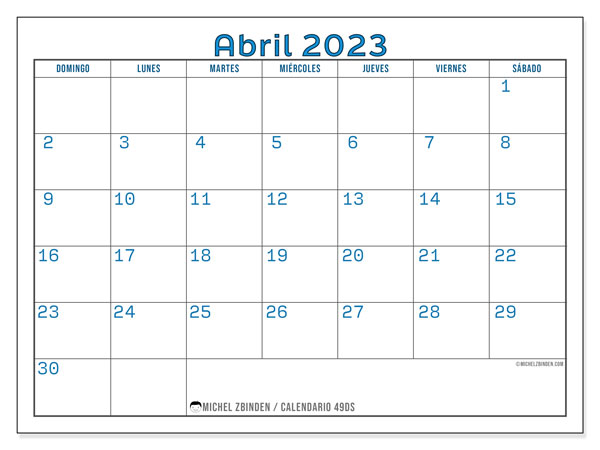49DS, calendario de abril de 2023, para su impresión, de forma gratuita.