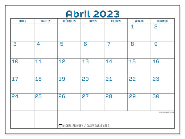 49LD, calendario de abril de 2023, para su impresión, de forma gratuita.