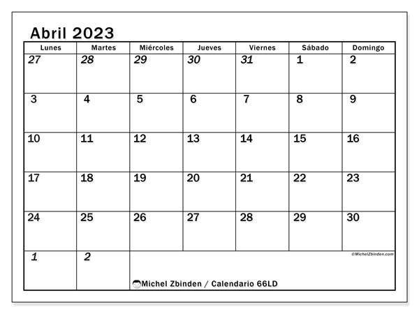 Calendario para imprimir, abril 2023, 501LD