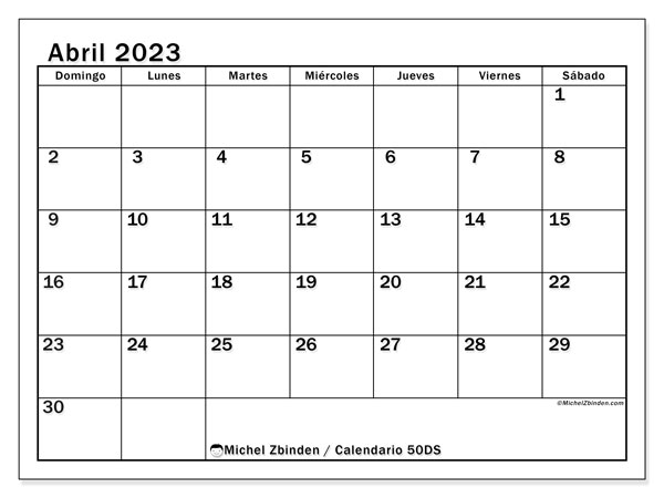 Calendario 50DS, abril de 2023, para imprimir gratuitamente. Agenda imprimible gratuita