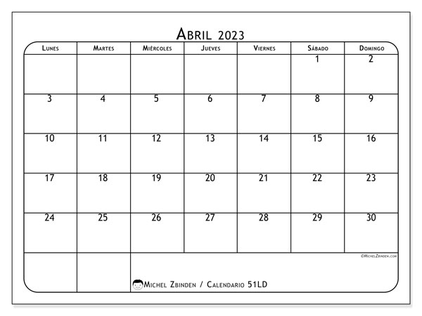 Calendario abril de 2023 para imprimir. Calendario mensual “51LD” y agenda para imprimer gratis