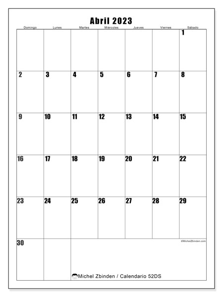 Calendario abril de 2023 para imprimir. Calendario mensual “52DS” y agenda para imprimer gratis