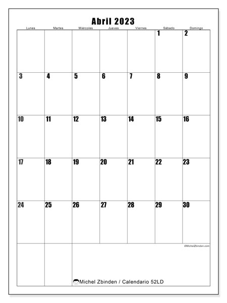Calendario para imprimir, abril 2023, 52LD
