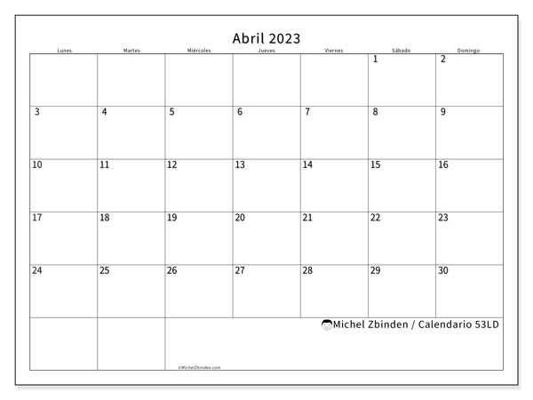 Calendario 53LD, abril de 2023, para imprimir gratuitamente. Agenda imprimible gratuita