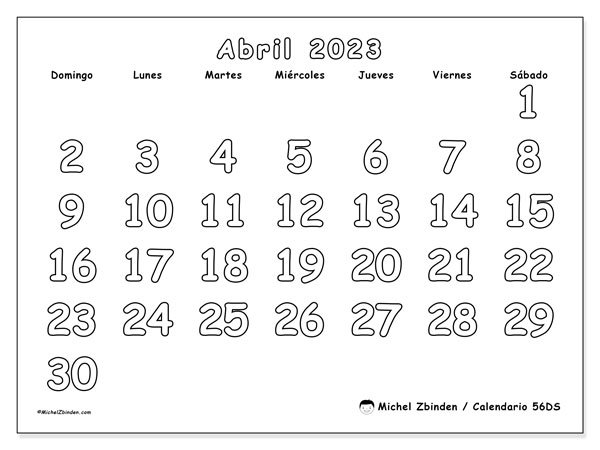 56DS, calendario de abril de 2023, para su impresión, de forma gratuita.