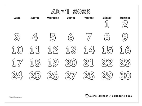 Calendario 56LD, abril de 2023, para imprimir gratuitamente. Organizador gratuito para imprimir