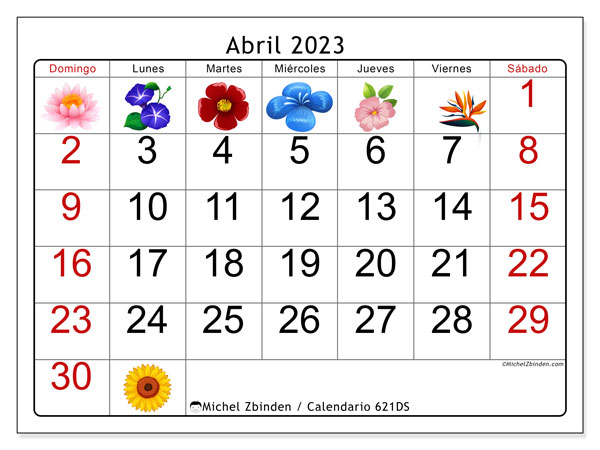 621DS, calendario de abril de 2023, para su impresión, de forma gratuita.