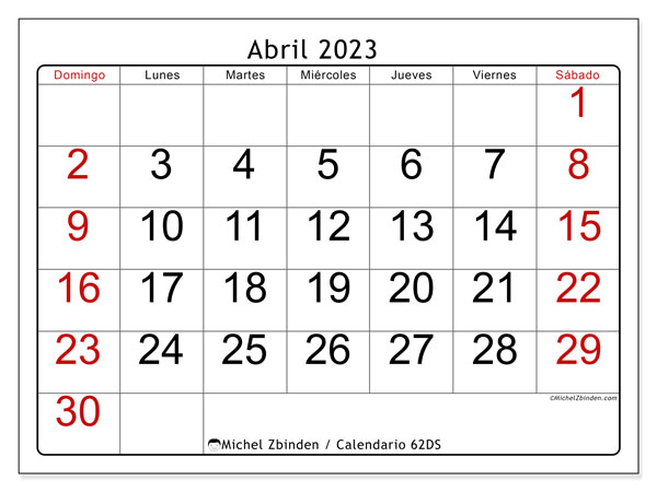 Calendario 62DS, abril de 2023, para imprimir gratuitamente. Plan imprimible gratuito