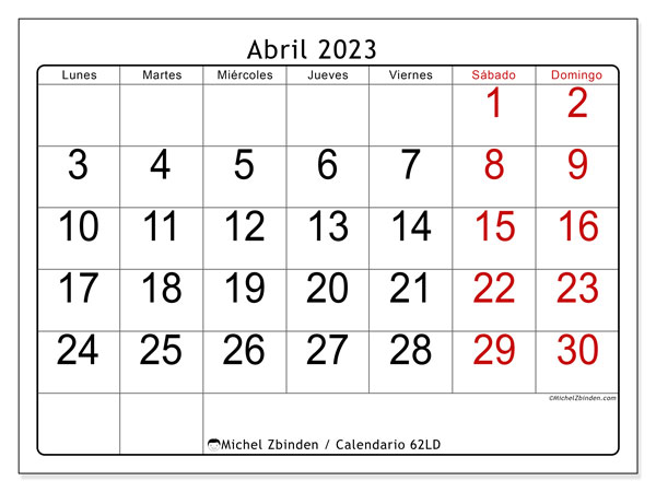 Calendario abril de 2023 para imprimir. Calendario mensual “62LD” y cronograma para imprimer gratis
