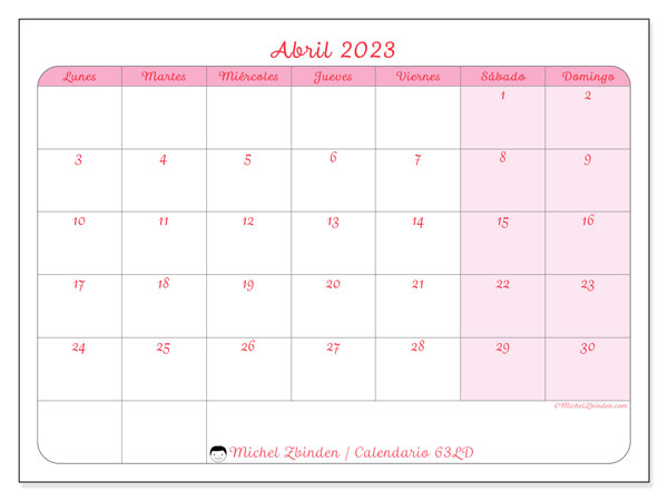 Calendario abril de 2023 para imprimir. Calendario mensual “63LD” y planificación imprimibile