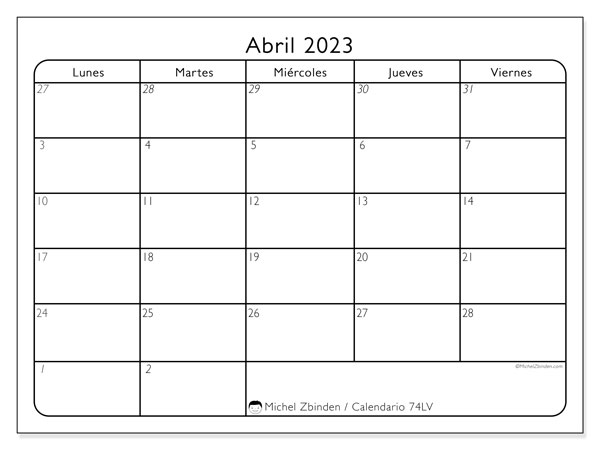 Calendario 74LD, abril de 2023, para imprimir gratuitamente. Agenda imprimible gratuita