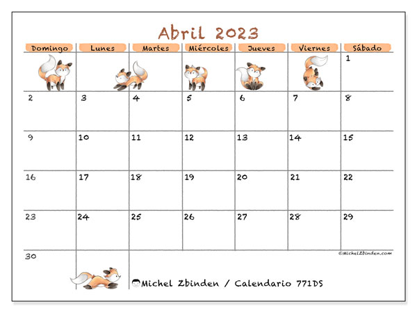 Calendario abril de 2023 para imprimir. Calendario mensual “771DS” y almanaque gratuito para imprimir