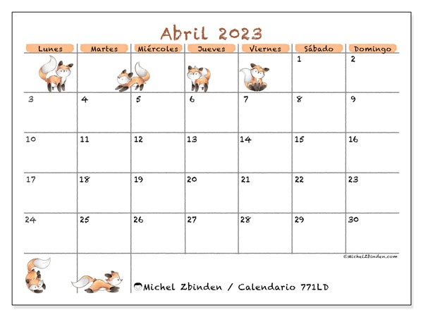 Calendario abril de 2023 para imprimir. Calendario mensual “771LD” y agenda para imprimer gratis
