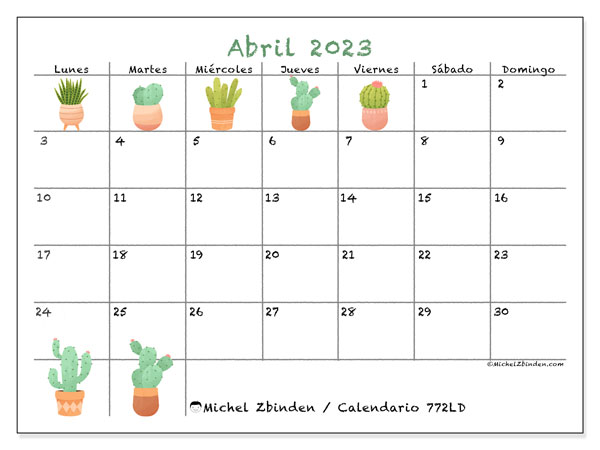 Calendario abril de 2023 para imprimir. Calendario mensual “772LD” y agenda gratuito para imprimir
