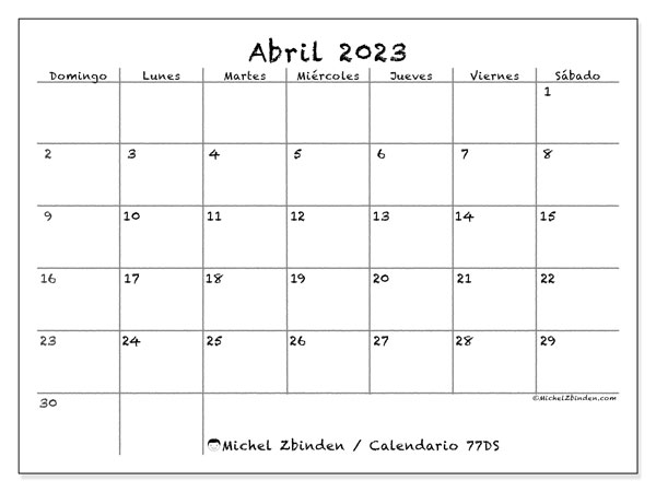 Calendario 77DS, abril de 2023, para imprimir gratuitamente. Agenda imprimible gratuita