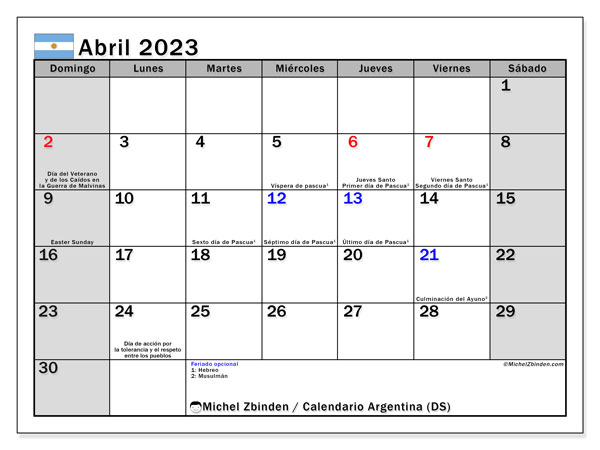 Calendario con los días festivos de Argentina, Abril 2023, para imprimir, gratis. Horario imprimible gratis