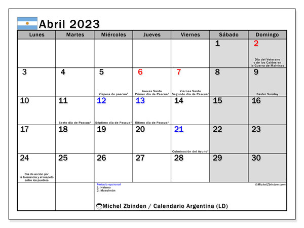 Calendario para imprimir, abril de 2023, Argentina (LD)