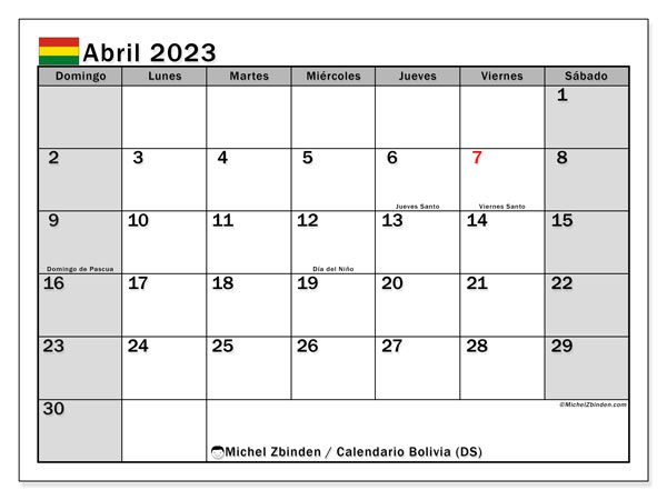 Calendario con los días festivos de Bolivia, Abril 2023, para imprimir, gratis. Agenda imprimible gratuita