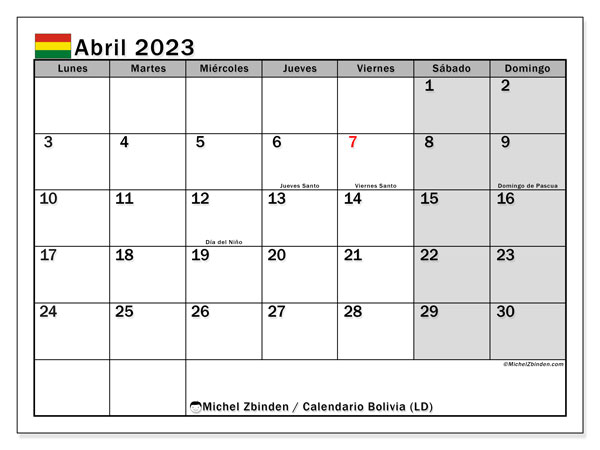 Calendario para imprimir, abril de 2023, Bolivia (LD)