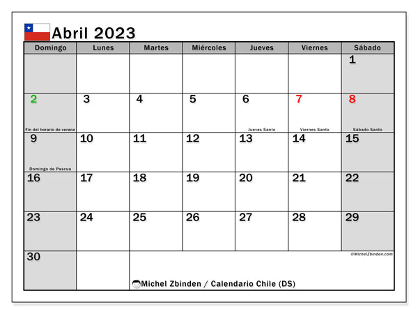 Calendario “Chile (DS)” para imprimir, con festivos. Calendario mensual abril de 2023 y almanaque gratuito para imprimir.