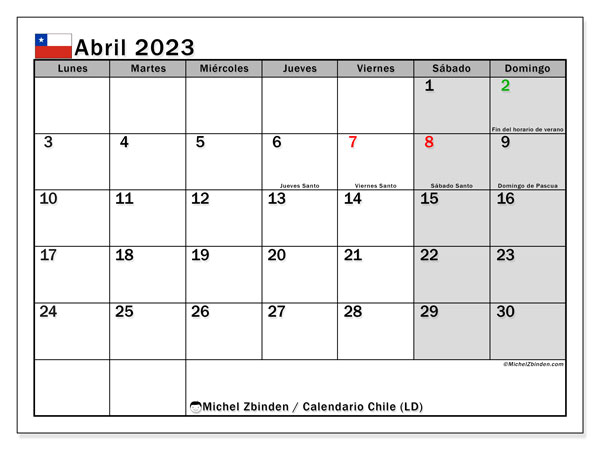 Calendario “Chile (LD)” para imprimir, con festivos. Calendario mensual abril de 2023 y agenda imprimibile.